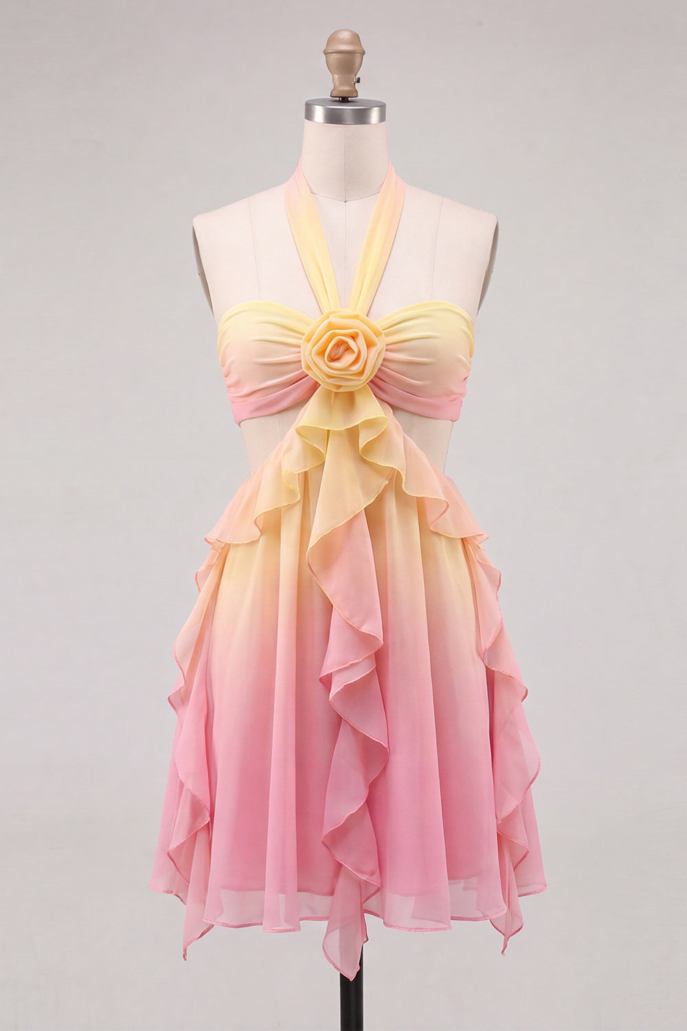 Yellow Chiffon and Pink Cut Out Ruffled Halter Short Homecoming Dress