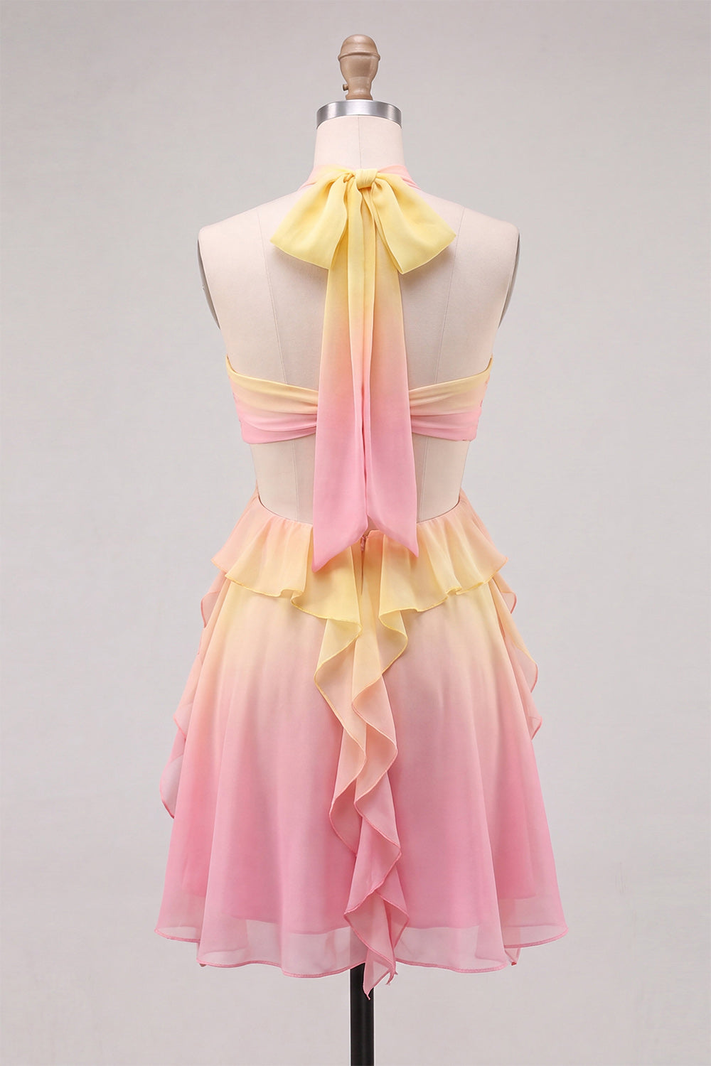 Yellow Chiffon and Pink Cut Out Ruffled Halter Short Homecoming Dress