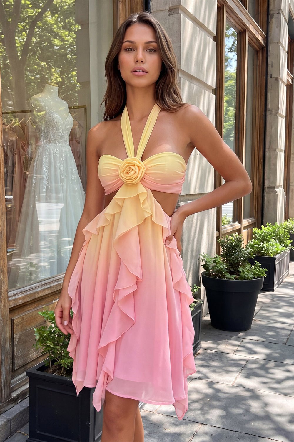 Yellow Chiffon and Pink Cut Out Ruffled Halter Short Homecoming Dress