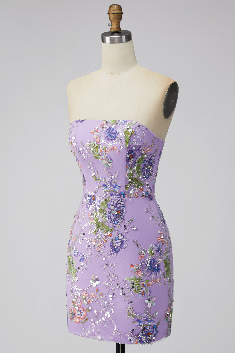 Floral Sparkly Sequin Pink Strapless Tight Short Homecoming Dress
