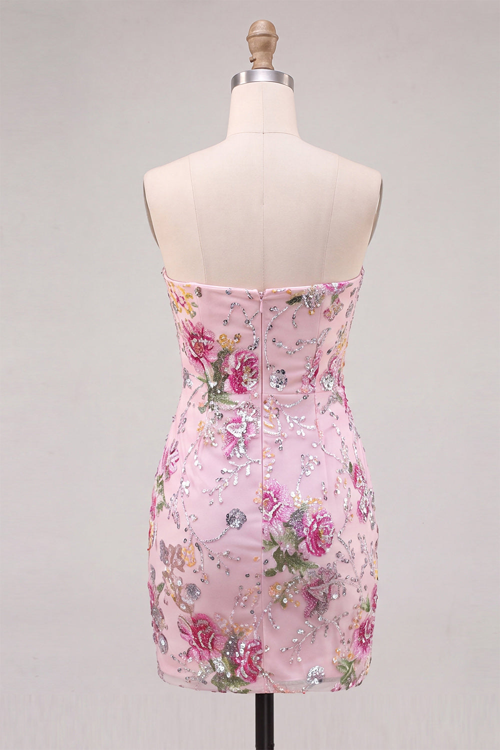 Floral Sparkly Sequin Pink Strapless Tight Short Homecoming Dress