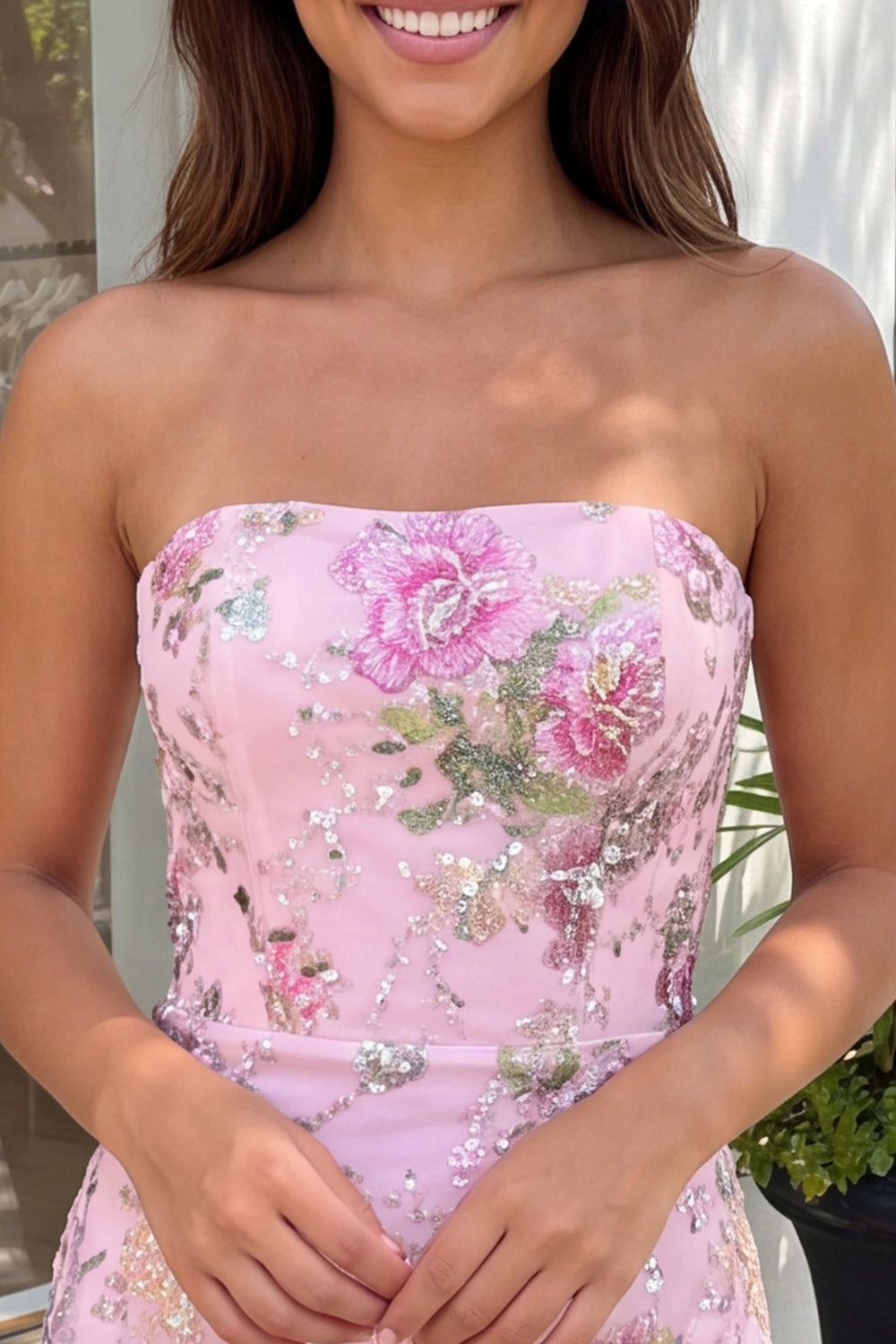 Floral Sparkly Sequin Pink Strapless Tight Short Homecoming Dress