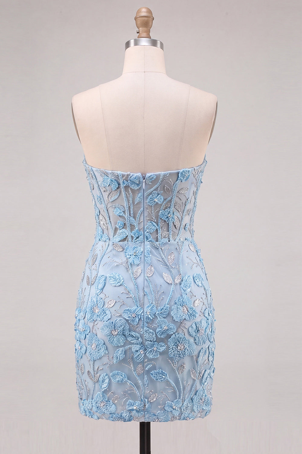 Floral Sky Blue Lace Tight Corset Short Homecoming Dress with Slit