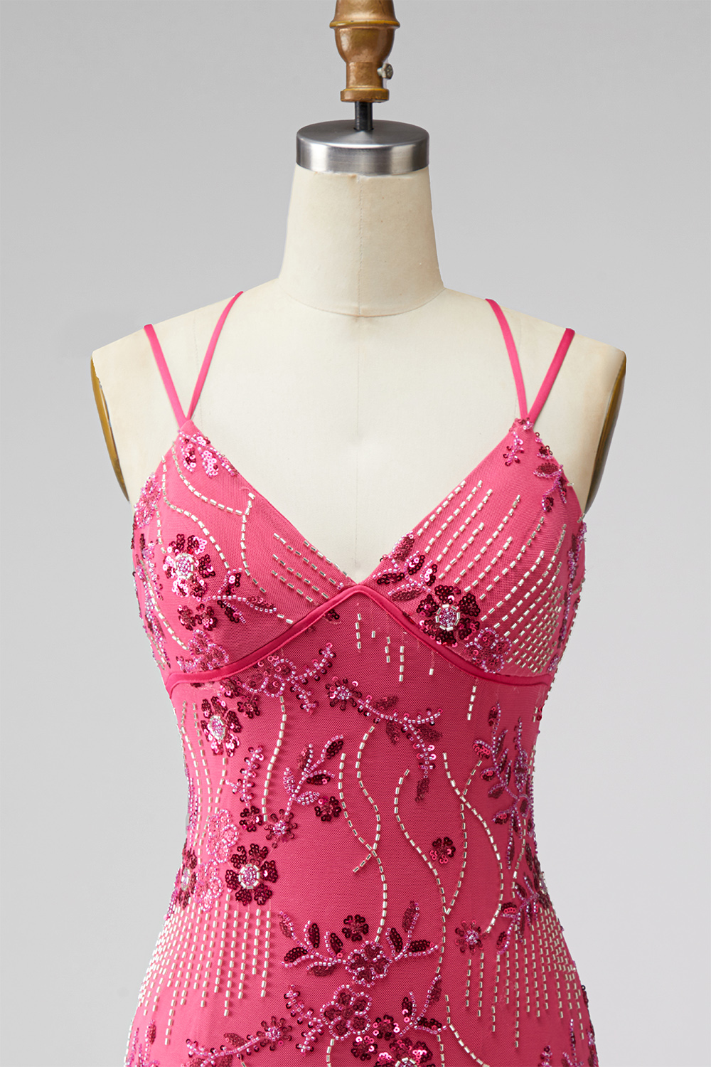 Pink Floral Sparkly Sequin Spaghetti Straps Short Homecoming Dress
