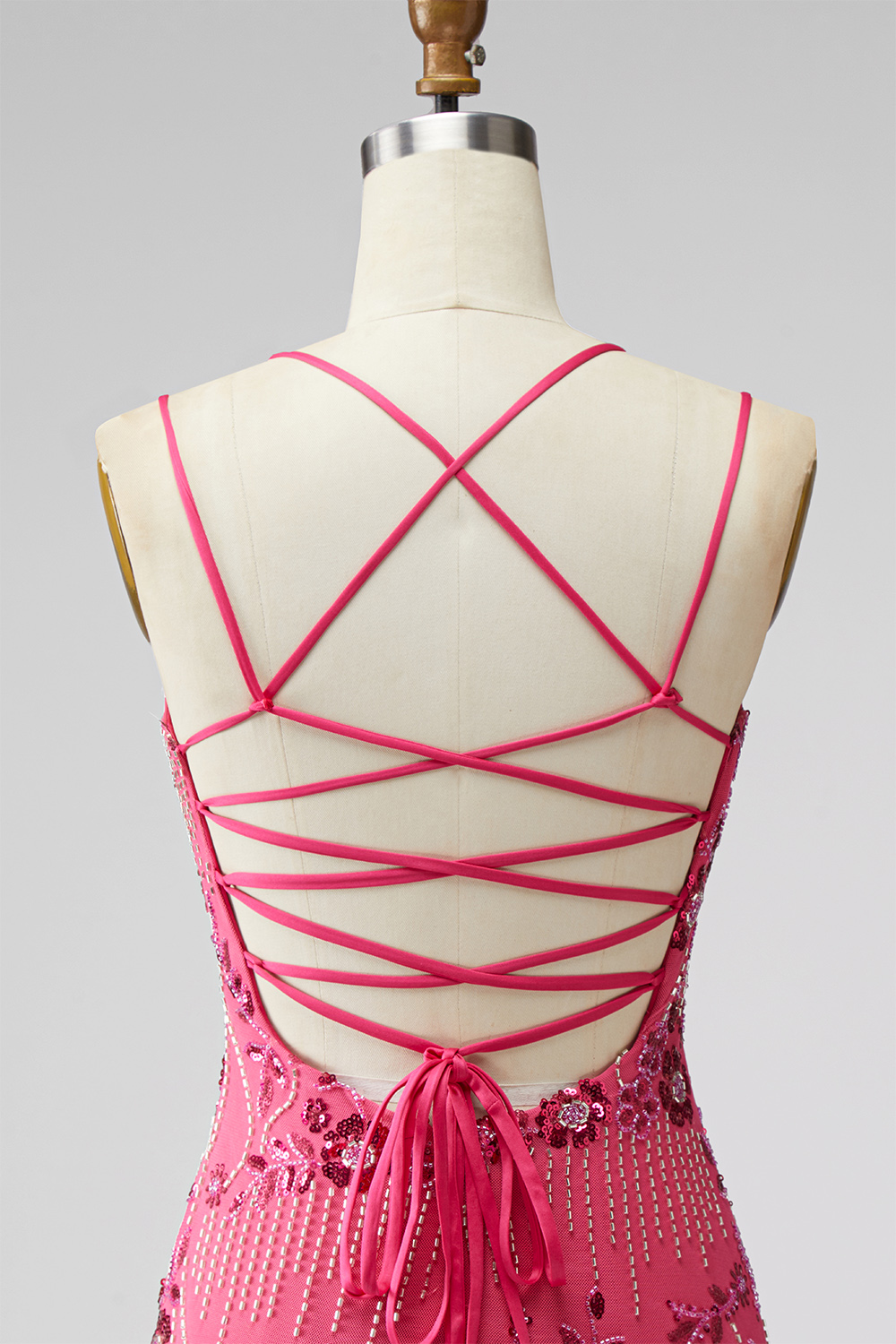Pink Floral Sparkly Sequin Spaghetti Straps Short Homecoming Dress