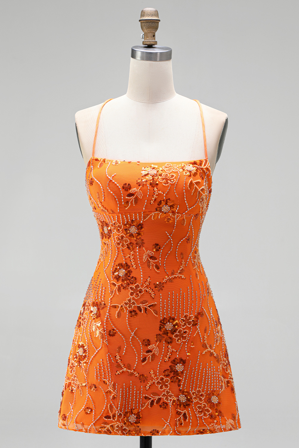 Sparkly Floral Orange Sequin Spaghetti Straps Short Homecoming Dress