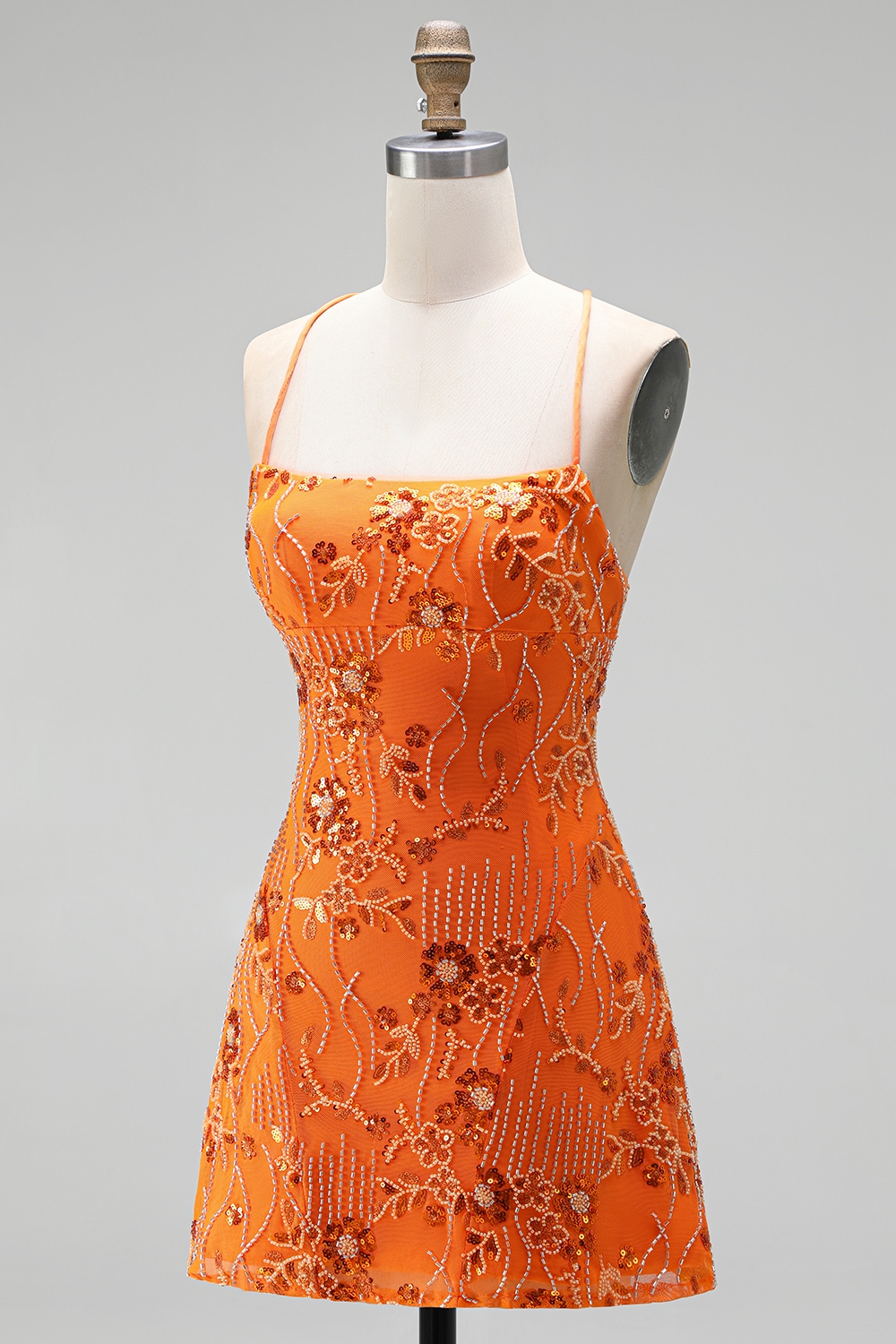 Sparkly Floral Orange Sequin Spaghetti Straps Short Homecoming Dress