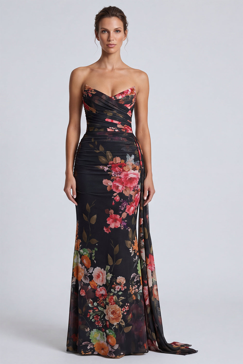 Black Floral Sweetheart Long Formal Dress with Sash Ruched Mermaid Wedding Guest Dress