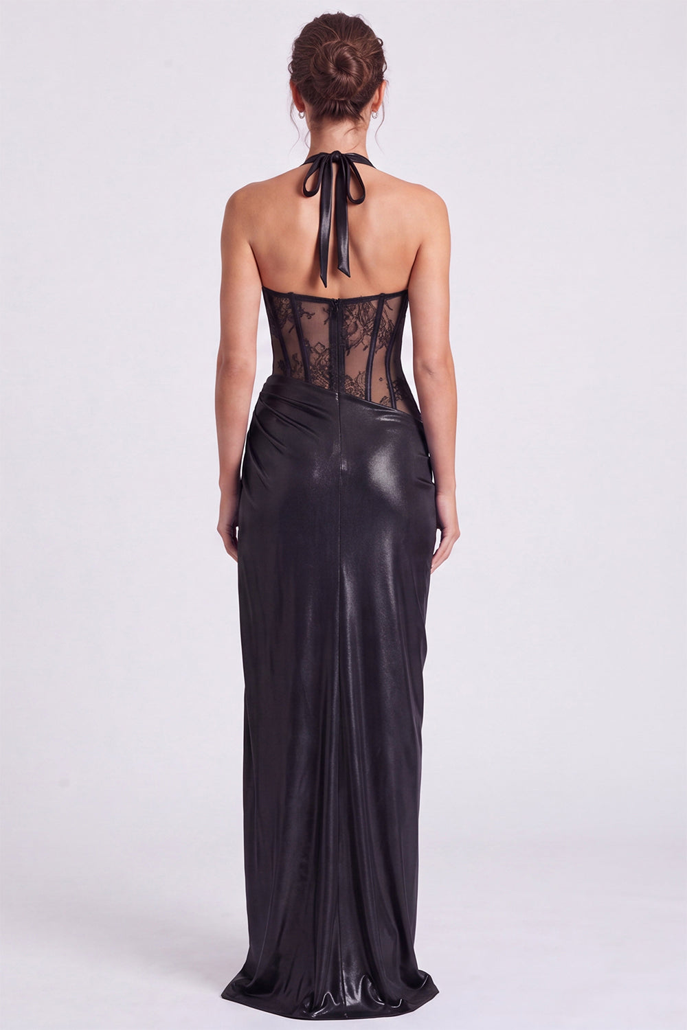Black Corset Sheath Metallic Halter Long Formal Dress with Slit