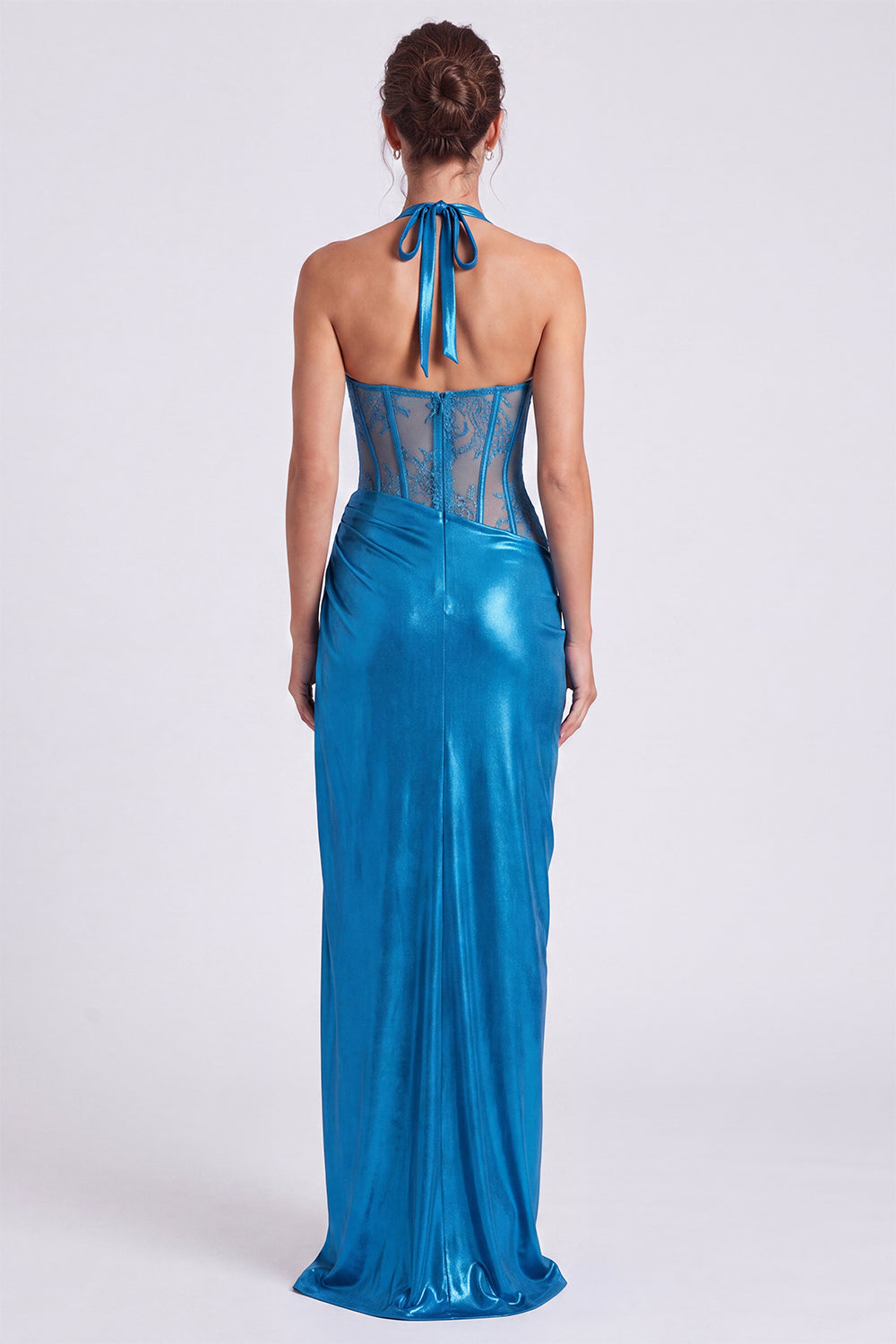 Black Corset Sheath Metallic Halter Long Formal Dress with Slit