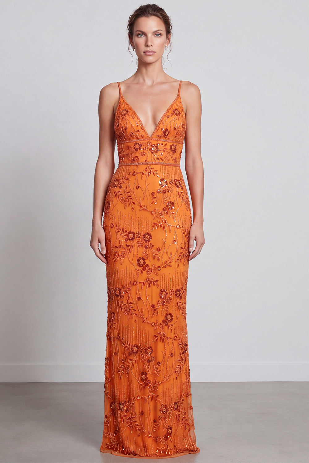 Orange Sparkly Beaded Floral Long Formal Dress Mermaid Sequin Spaghetti Straps Open Back Wedding Guest Dress