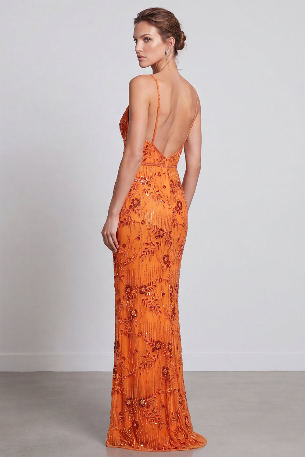Sparkly Orange Floral Mermaid Beaded Sequin Long Formal Dress