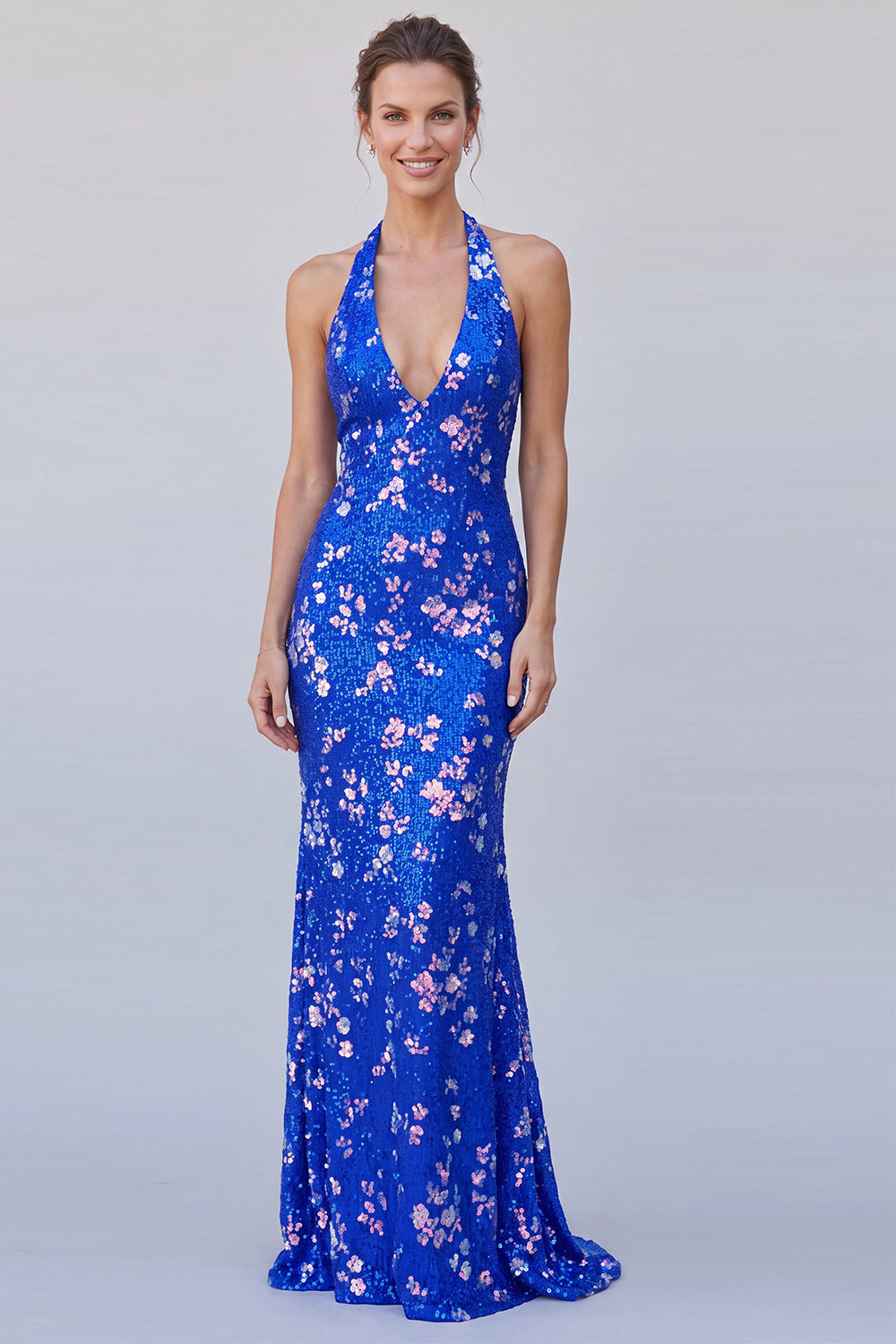 Sparkly Floral Royal Blue Sequin Long Formal Dress Beaded Mermaid Halter Lace Up Back Evening Dress