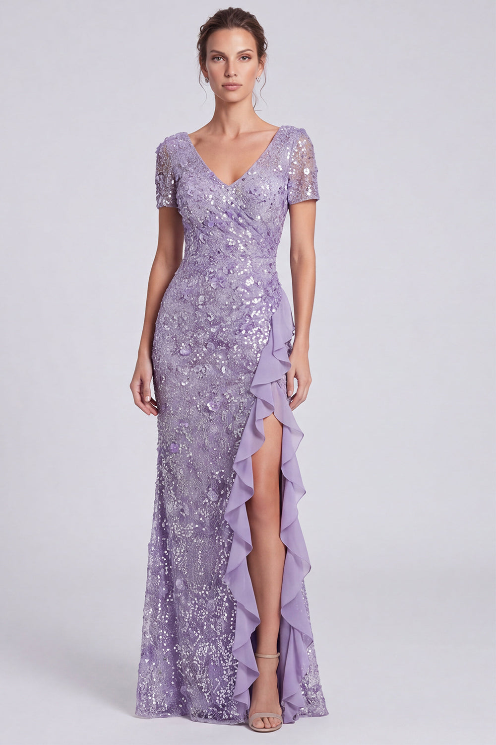 Lilac Sparkly Floral Sequin Long Formal Dress with Sleeves Ruffled V-Neck Mermaid Evening Dress with Slit