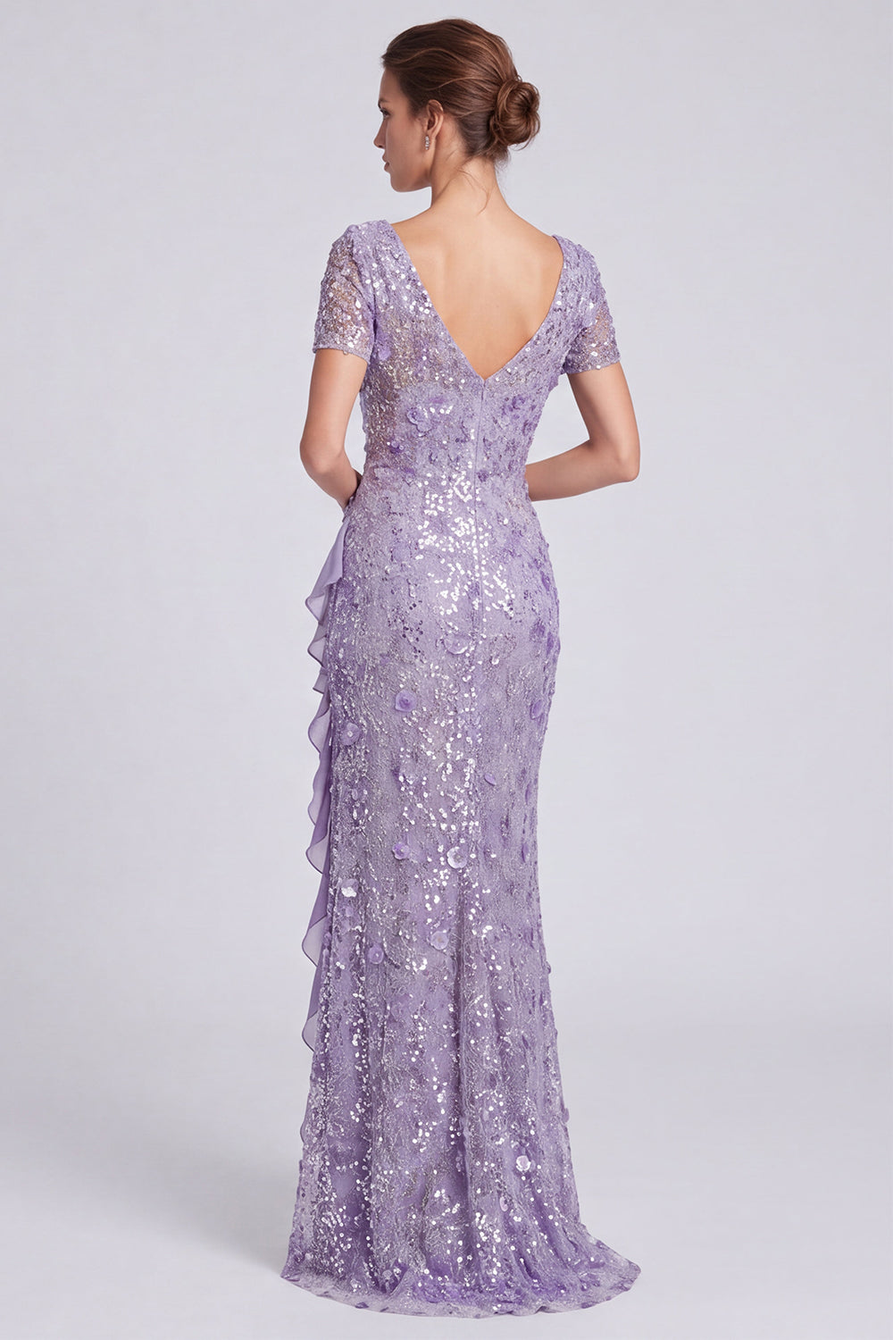 Sparkly Sequin Lilac Mermaid Floral Long Formal Dress with Sleeves