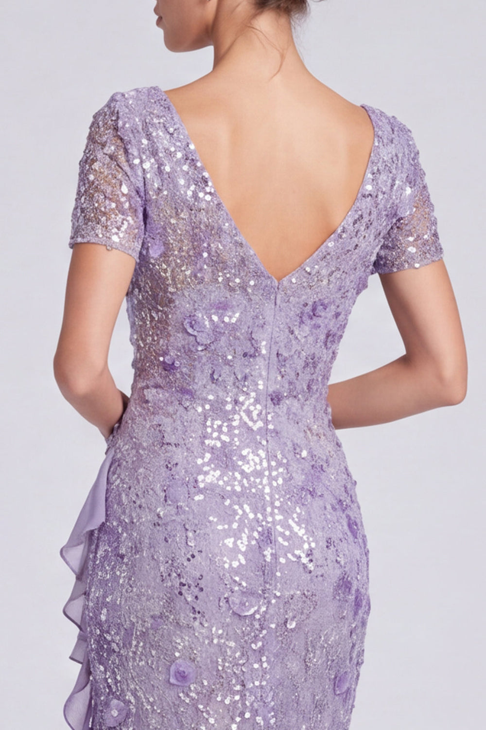 Sparkly Sequin Lilac Mermaid Floral Long Formal Dress with Sleeves