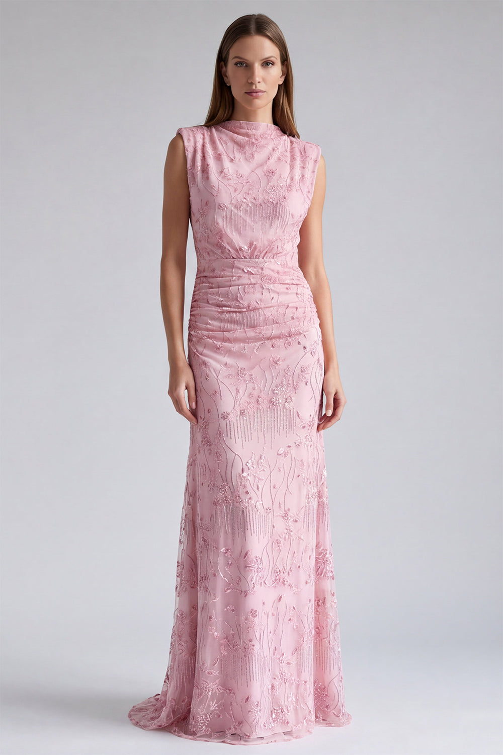 Sparkly Pink Floral Long Formal Dress Mermaid Beaded Round Neck Ruched Evening Dress