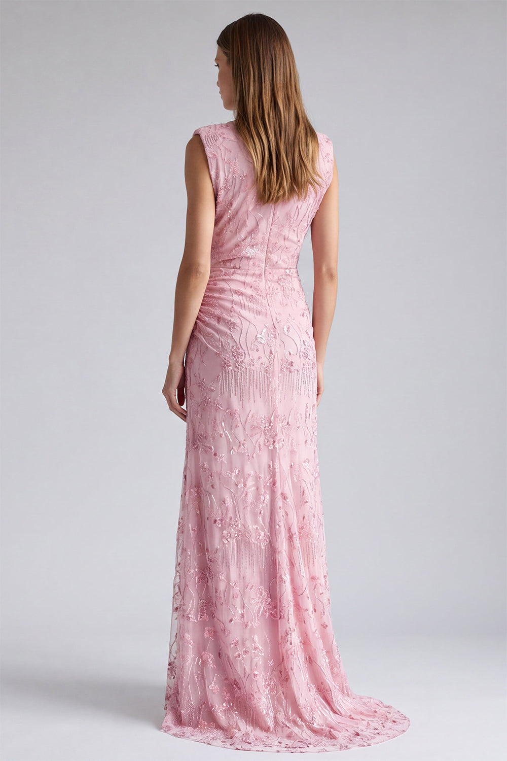 Pink Sparkly Beaded Floral Mermaid Ruched Long Formal Dress
