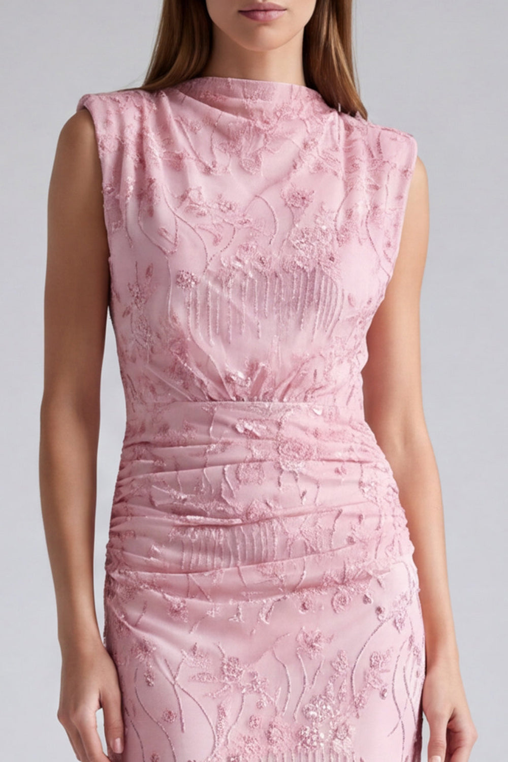Pink Sparkly Beaded Floral Mermaid Ruched Long Formal Dress