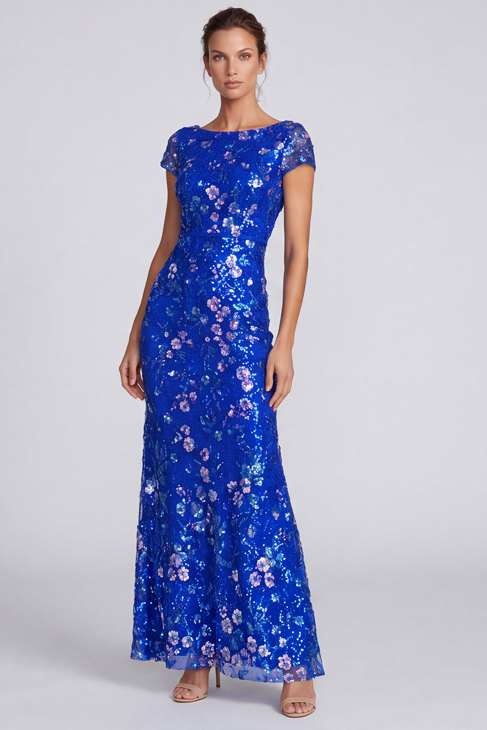 Sparkly Royal Blue Floral Long Formal Dress with Sleeves Sequin Bateau Neck Mermaid Evening Dress