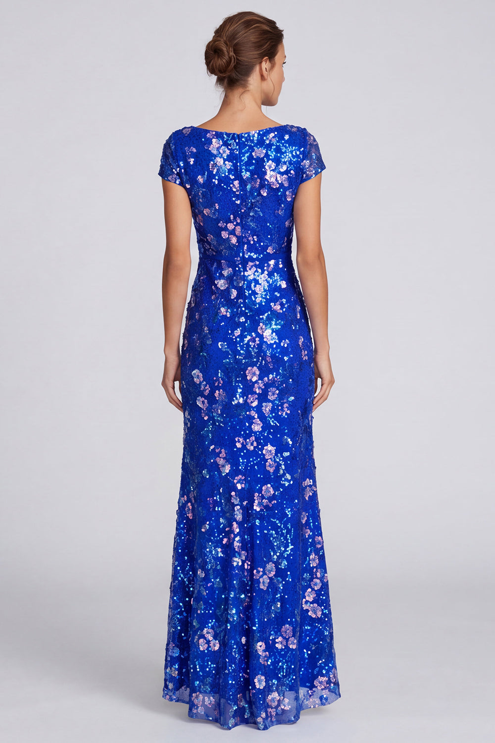 Sparkly Sequin Royal Blue Floral Mermaid Long Formal Dress with Sleeves