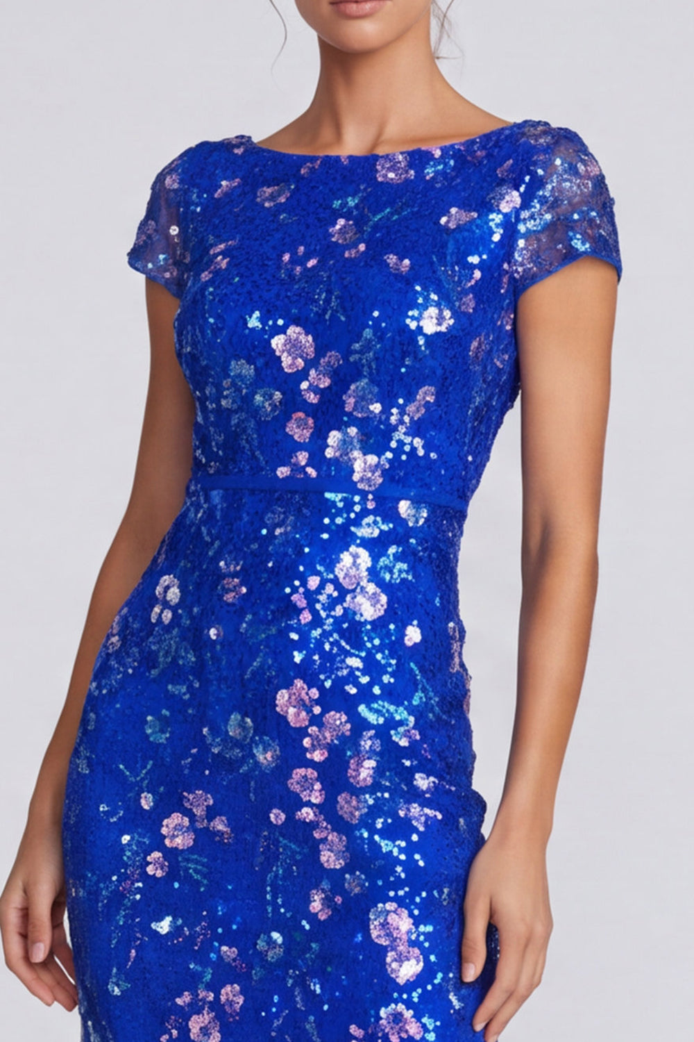 Sparkly Sequin Royal Blue Floral Mermaid Long Formal Dress with Sleeves