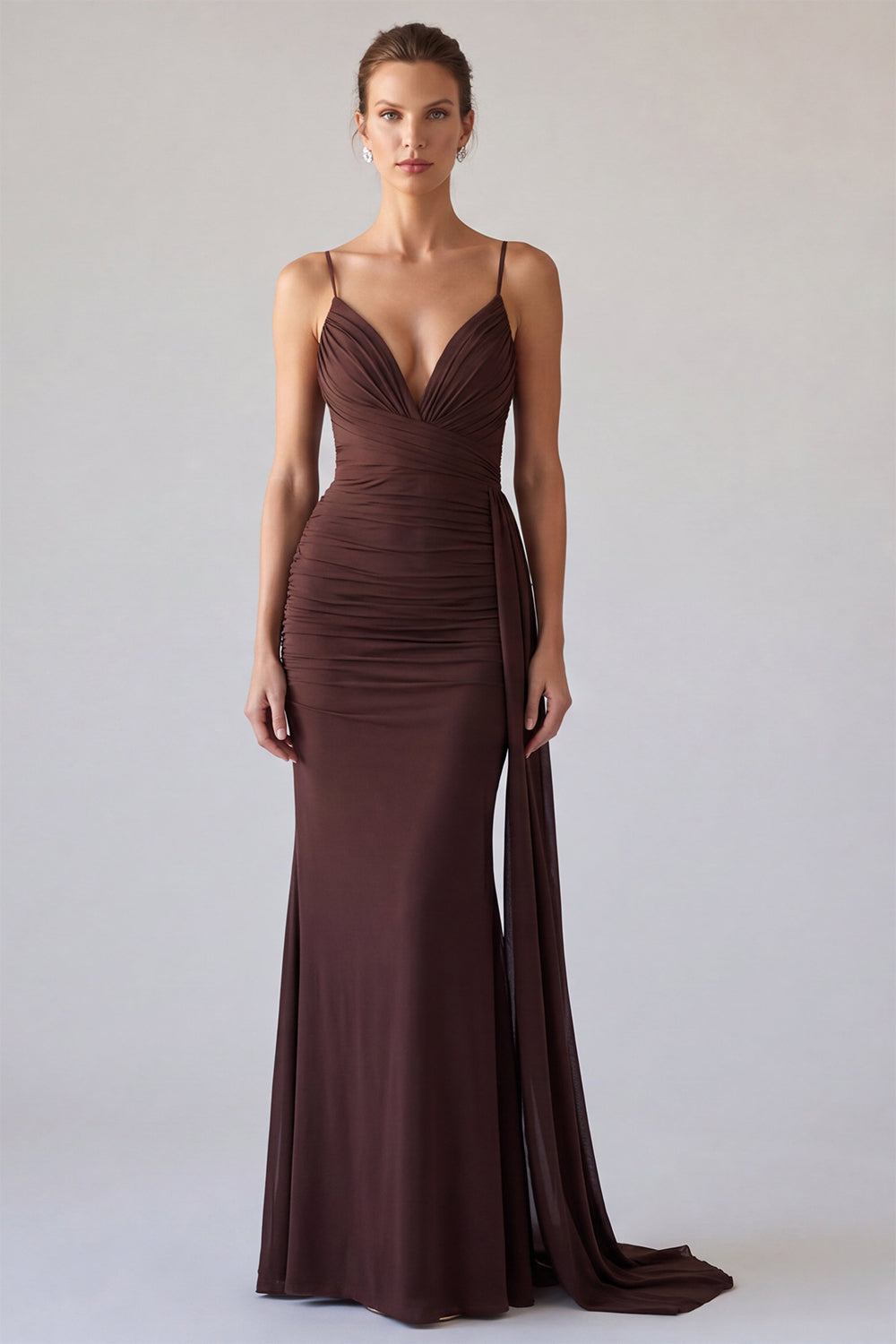 Brown Spaghetti Straps Long Formal Dress with Sash Ruched Simple Mermaid Evening Dress