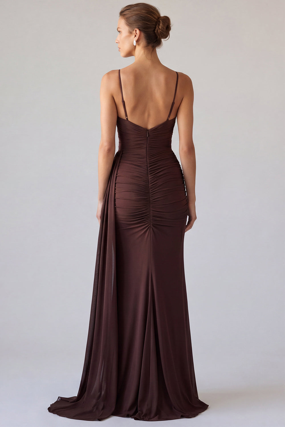 Simple Mermaid Brown Ruched Long Formal Dress with Sash