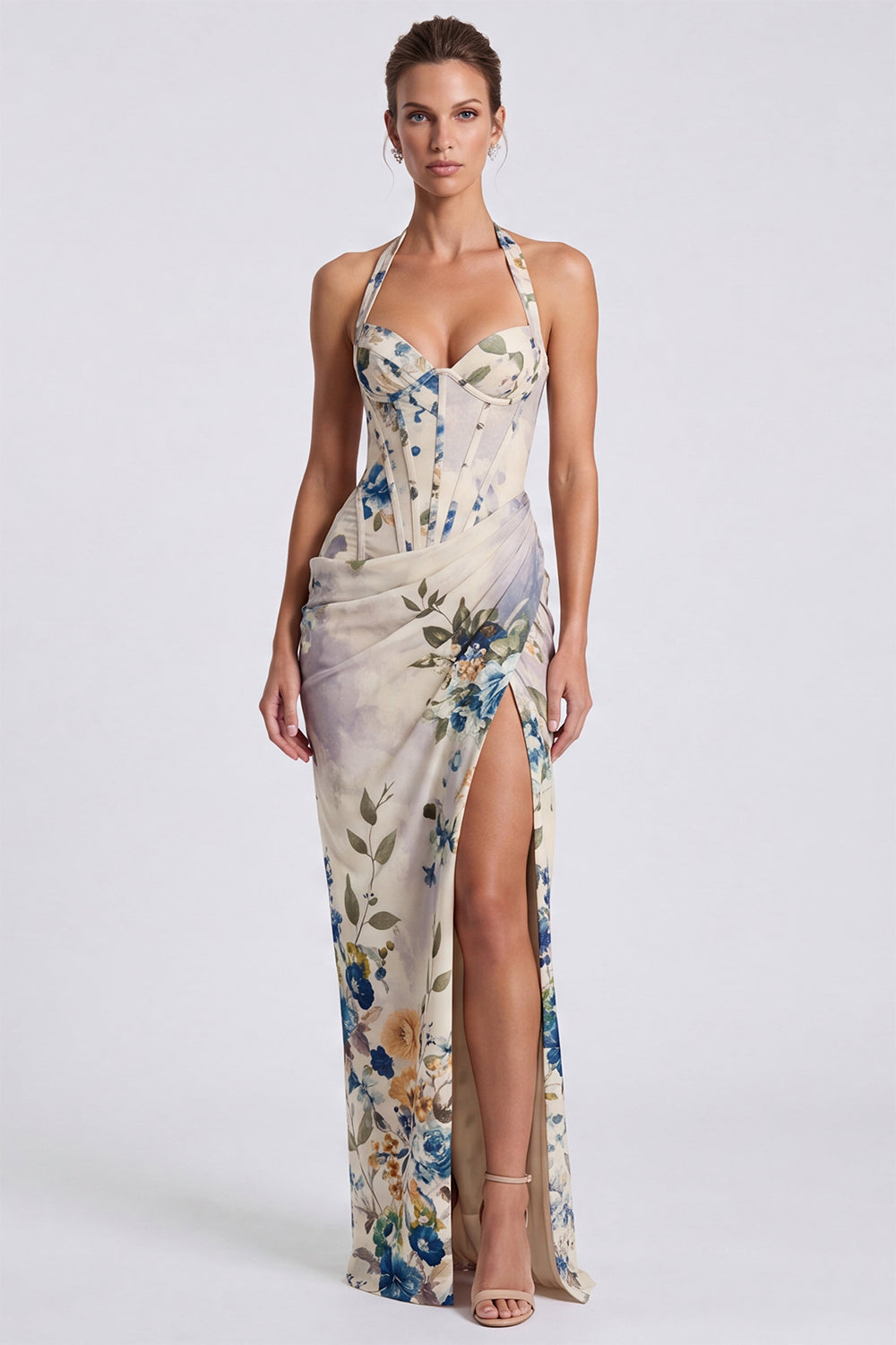 Floral Corset Ivory Long Formal Dress with Slit Halter Ruched Wedding Guest Dresses with Bow