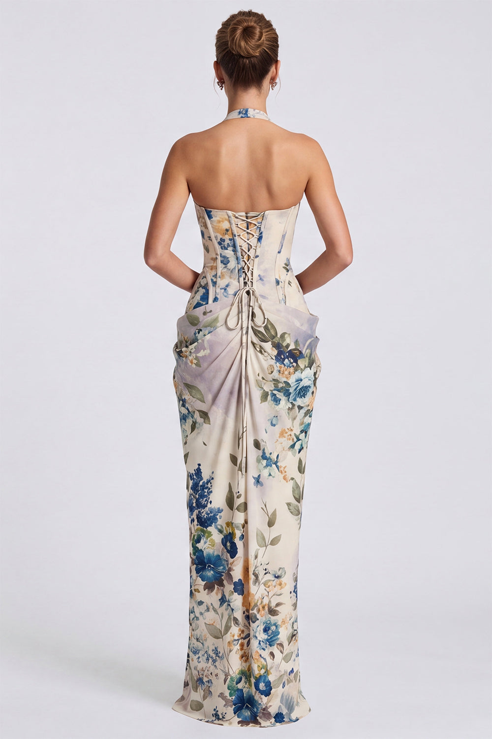 Floral Corset Ivory Halter Ruched Long Formal Dress with Slit