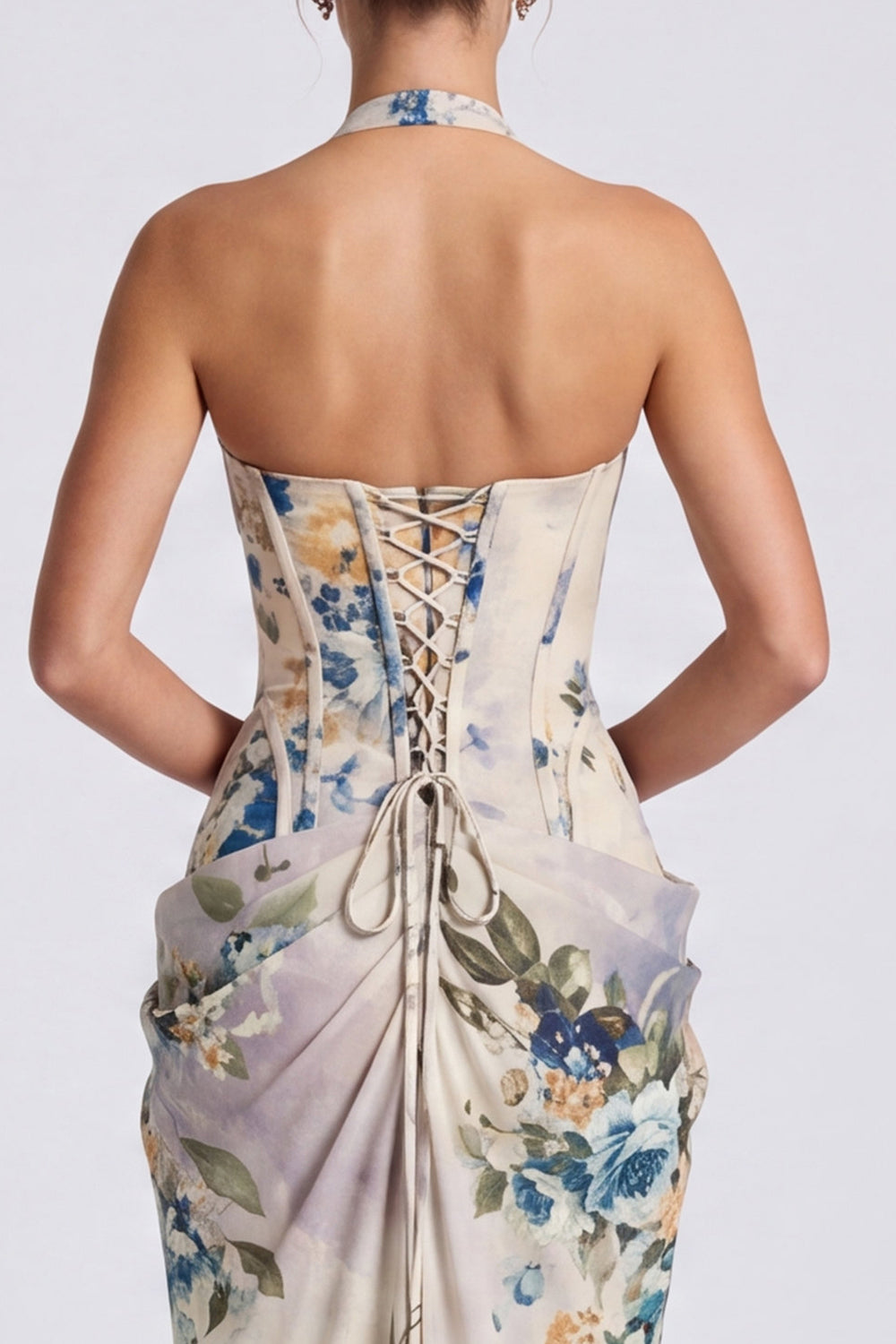 Floral Corset Ivory Halter Ruched Long Formal Dress with Slit