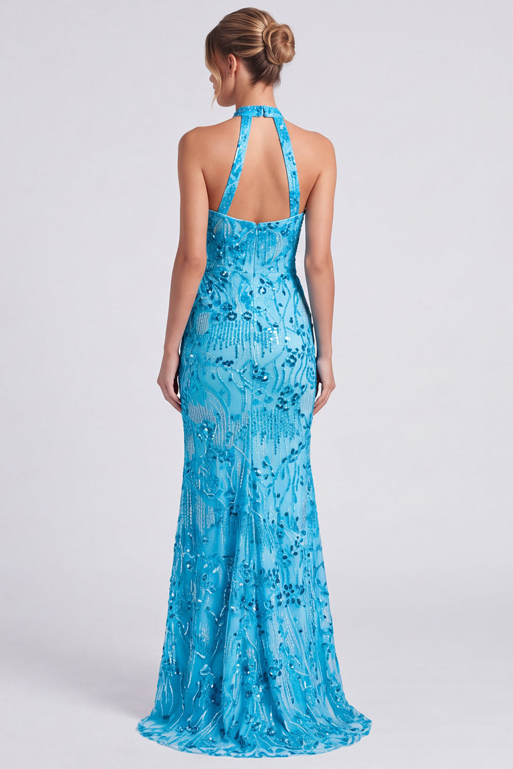 Sparkly Beaded Blue Floral Mermaid Keyhole Long Formal Dress with Slit