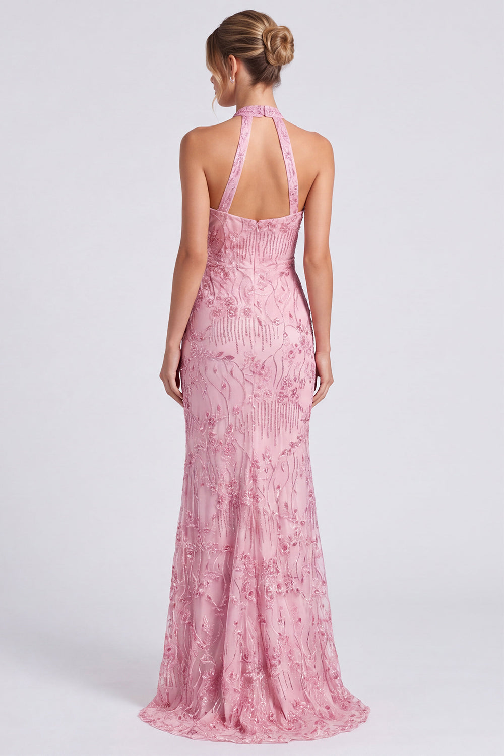 Sparkly Beaded Blue Floral Mermaid Keyhole Long Formal Dress with Slit