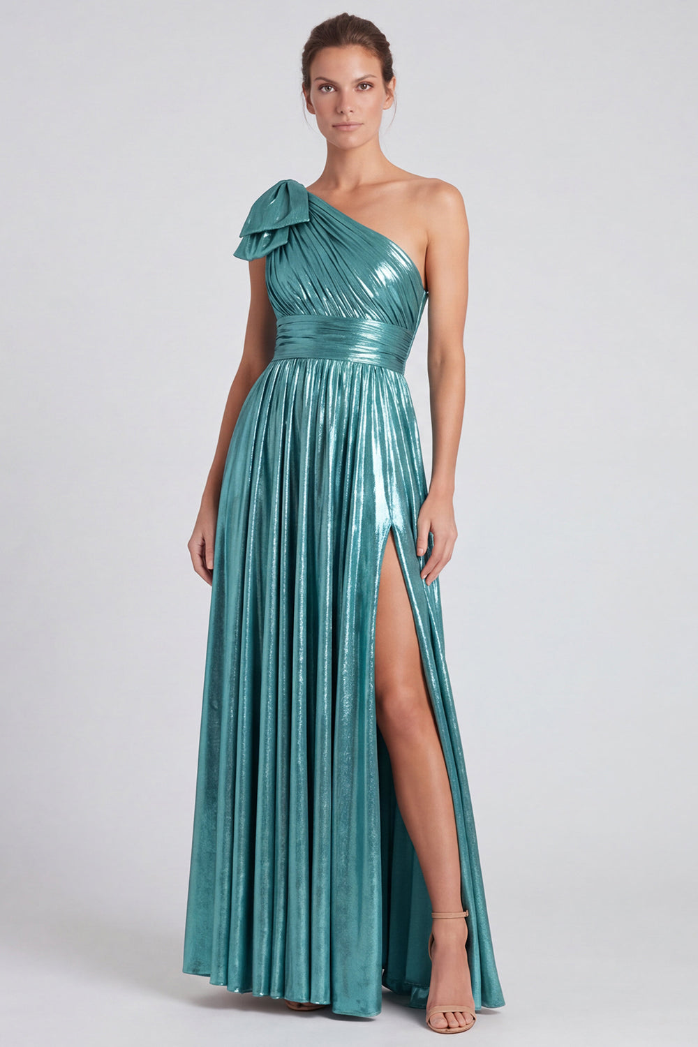 Blue Metallic Long Formal Dress with Bow Ruched A Line One Shoulder Evening Dress with Slit