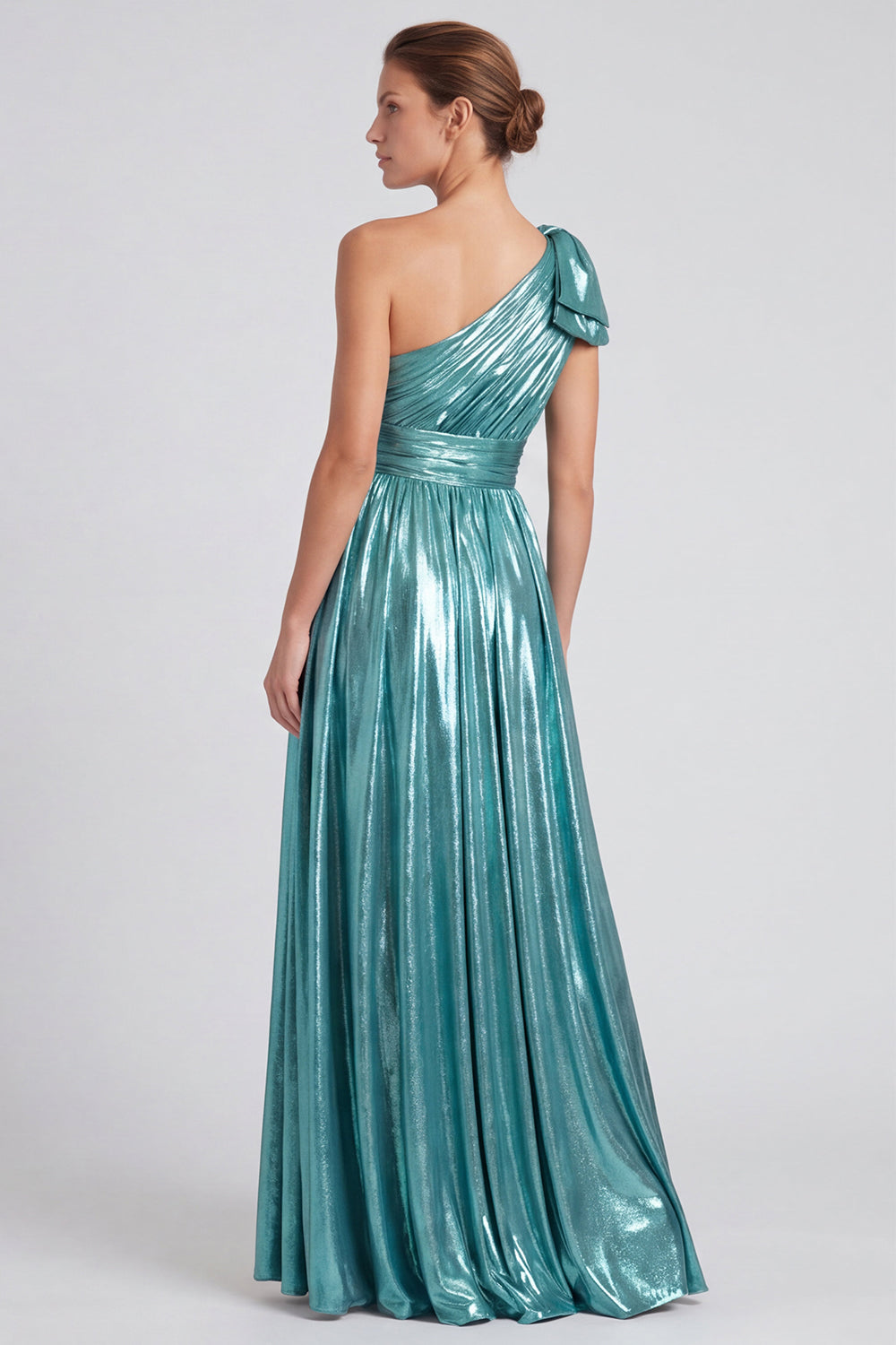 Blue Metallic Ruched A Line Long Formal Dress with Bow