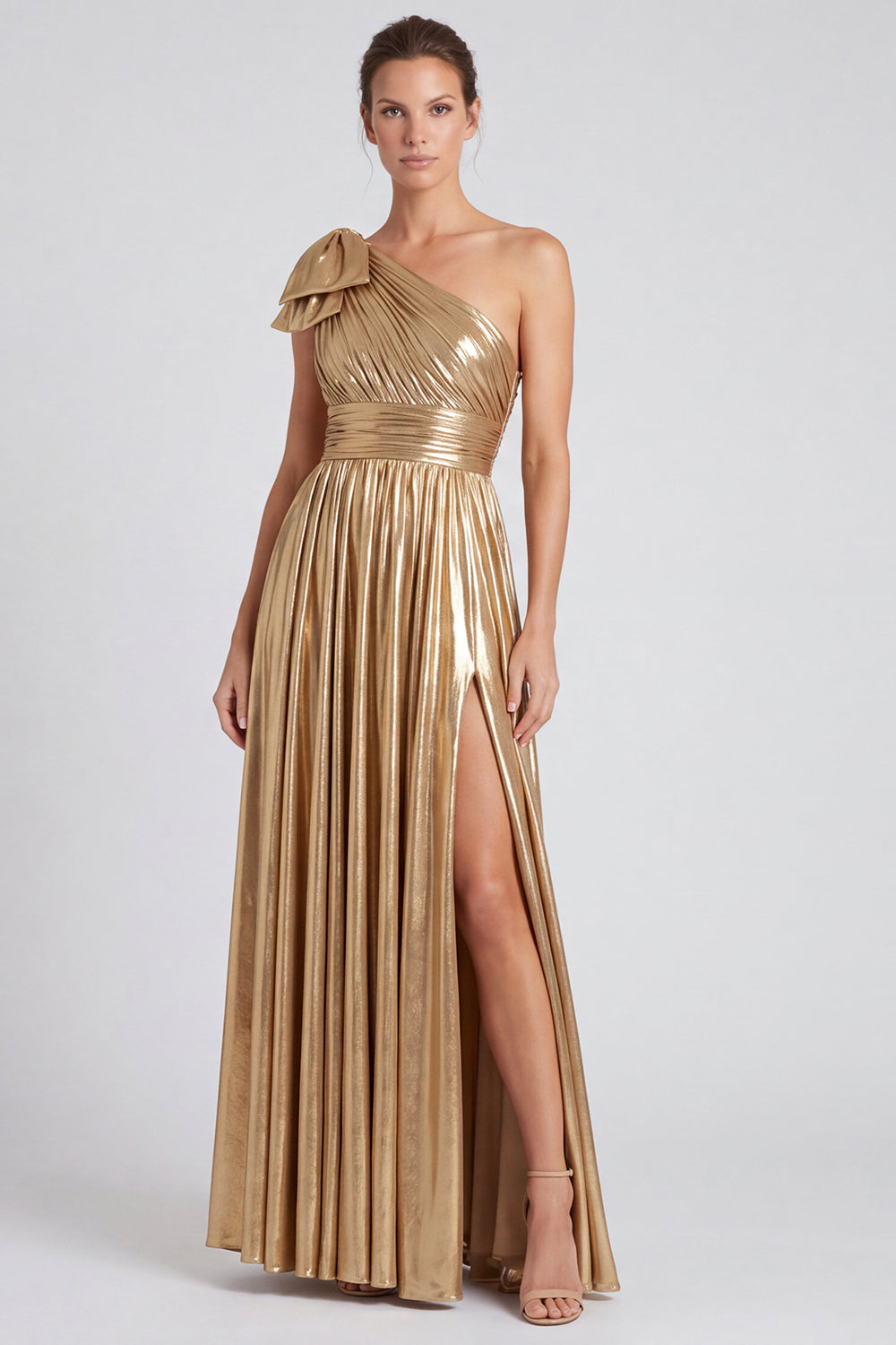 Blue Metallic Ruched A Line Long Formal Dress with Bow