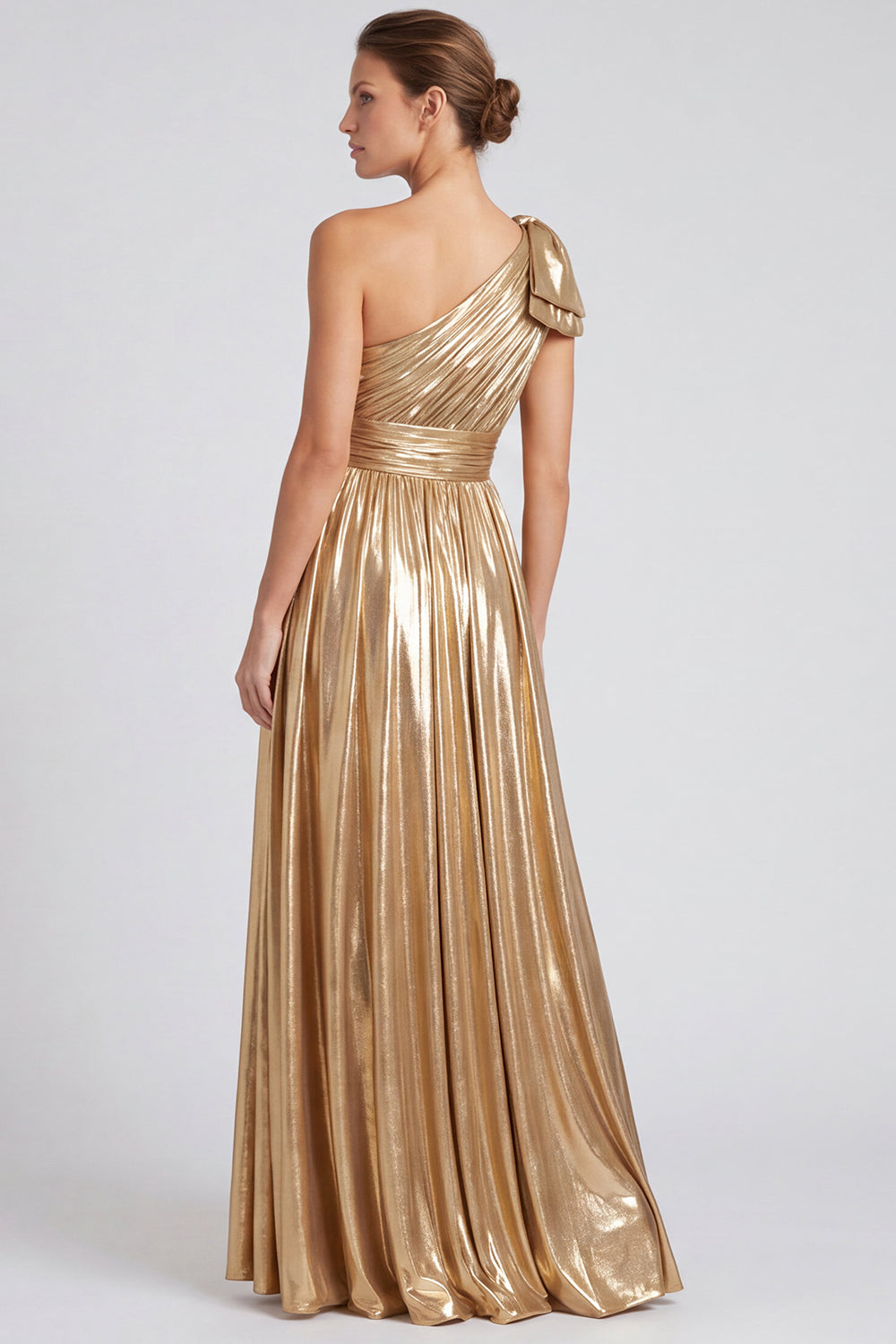 Blue Metallic Ruched A Line Long Formal Dress with Bow