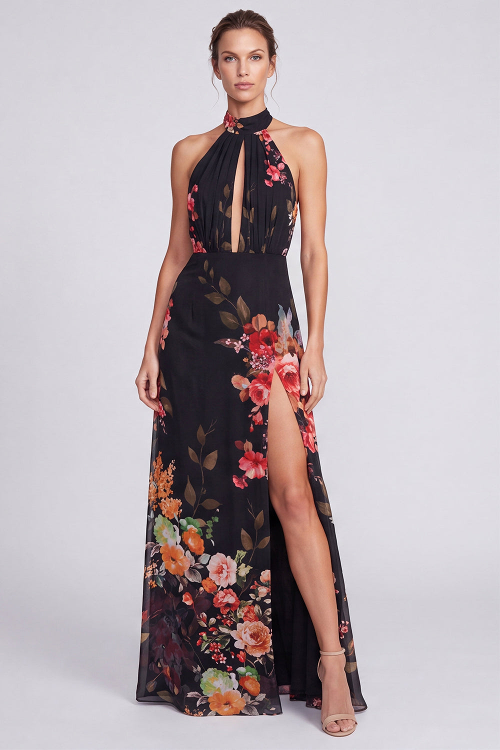Floral Ivory Halter Keyhole A Line Long Formal Dress with Slit