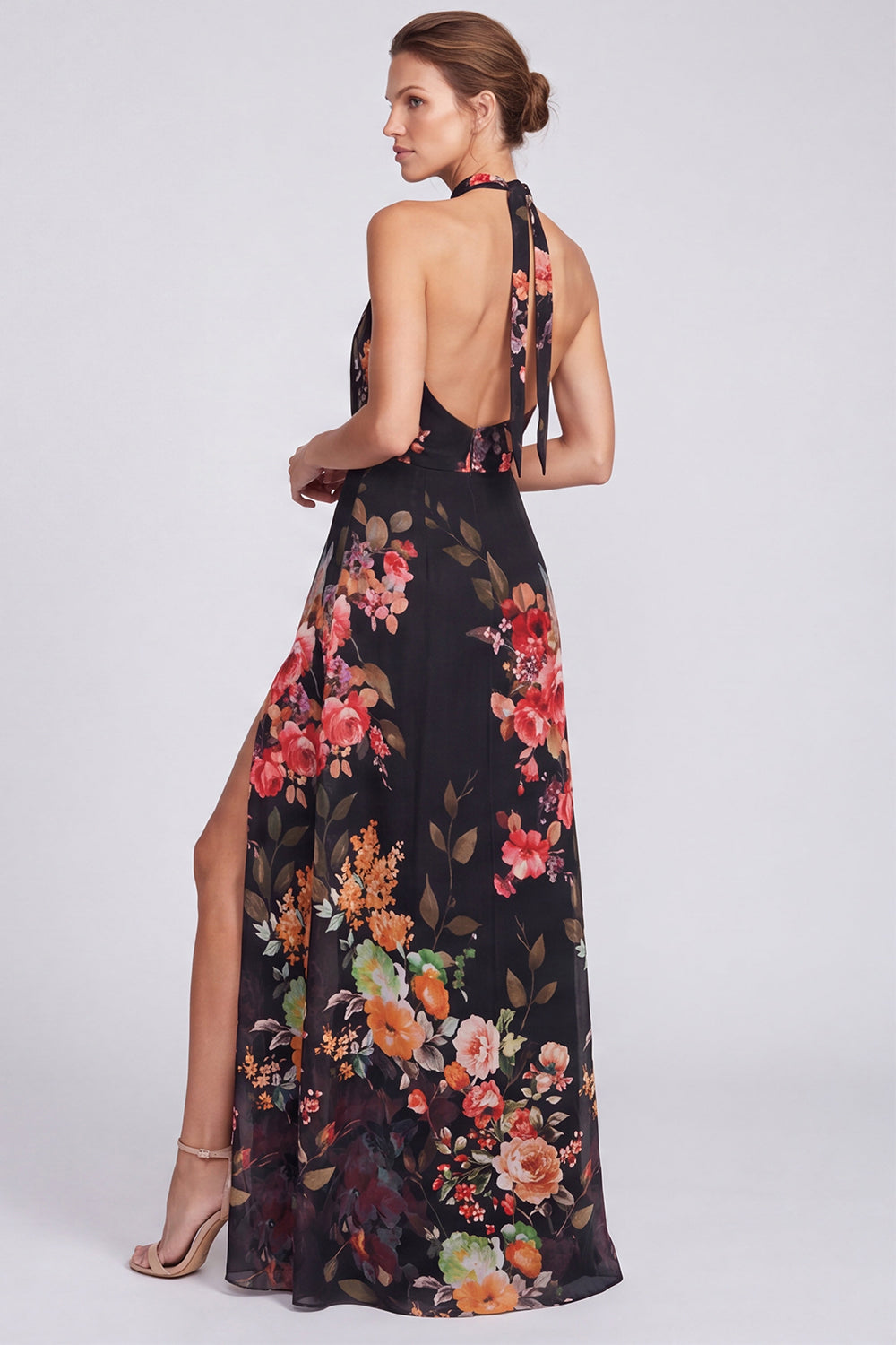 Floral Ivory Halter Keyhole A Line Long Formal Dress with Slit