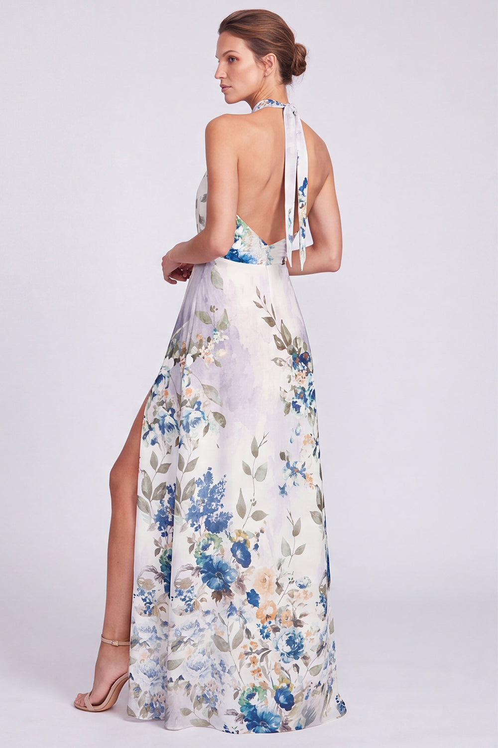 Floral Ivory Halter Keyhole A Line Long Formal Dress with Slit