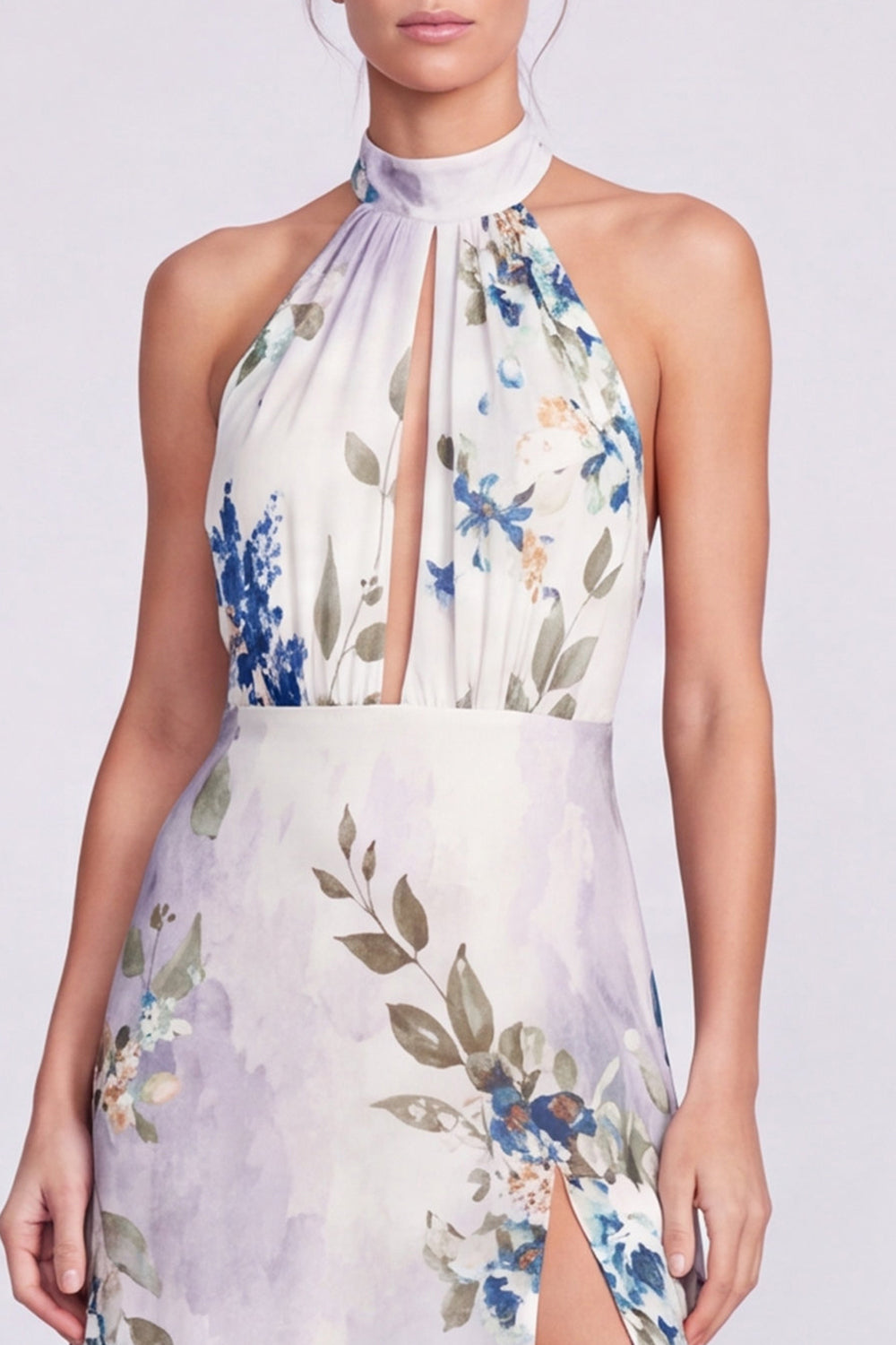 Floral Ivory Halter Keyhole A Line Long Formal Dress with Slit
