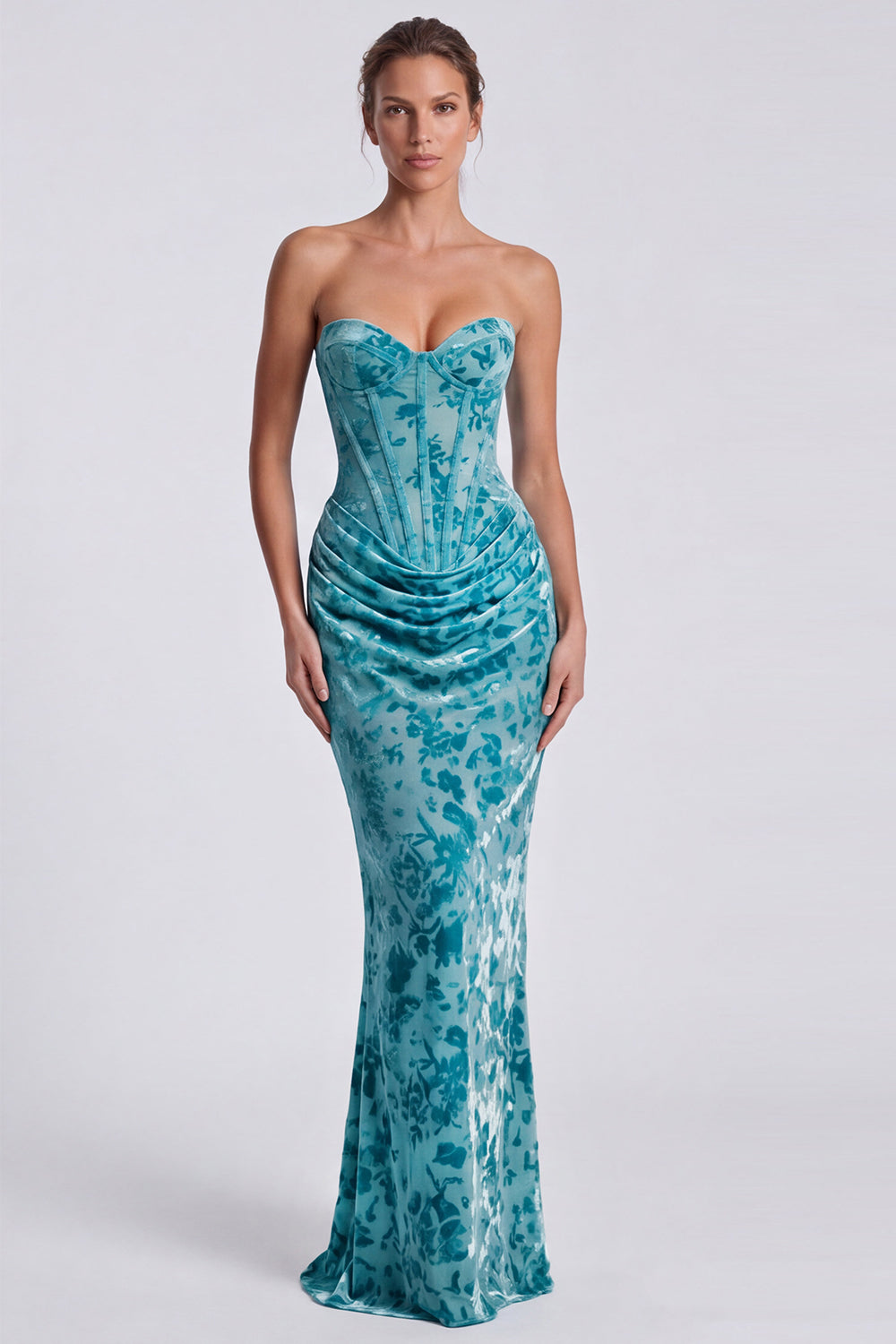 Pink Floral Sweetheart Corset Velvet Mermaid Long Formal Dress