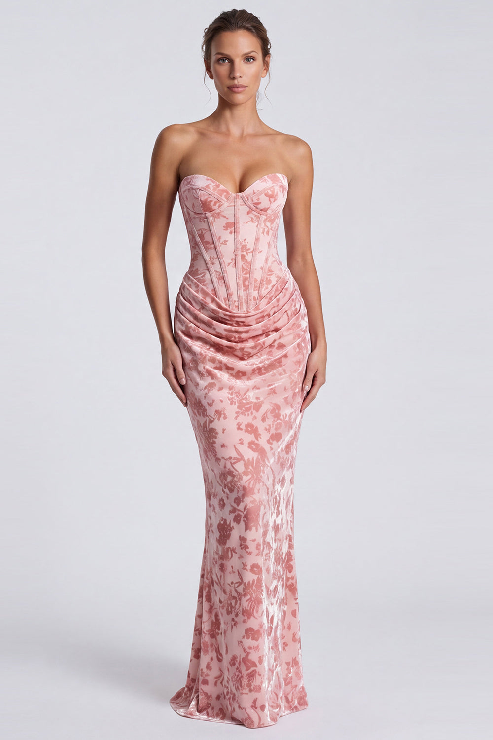 Pink Floral Sweetheart Corset Velvet Mermaid Long Formal Dress