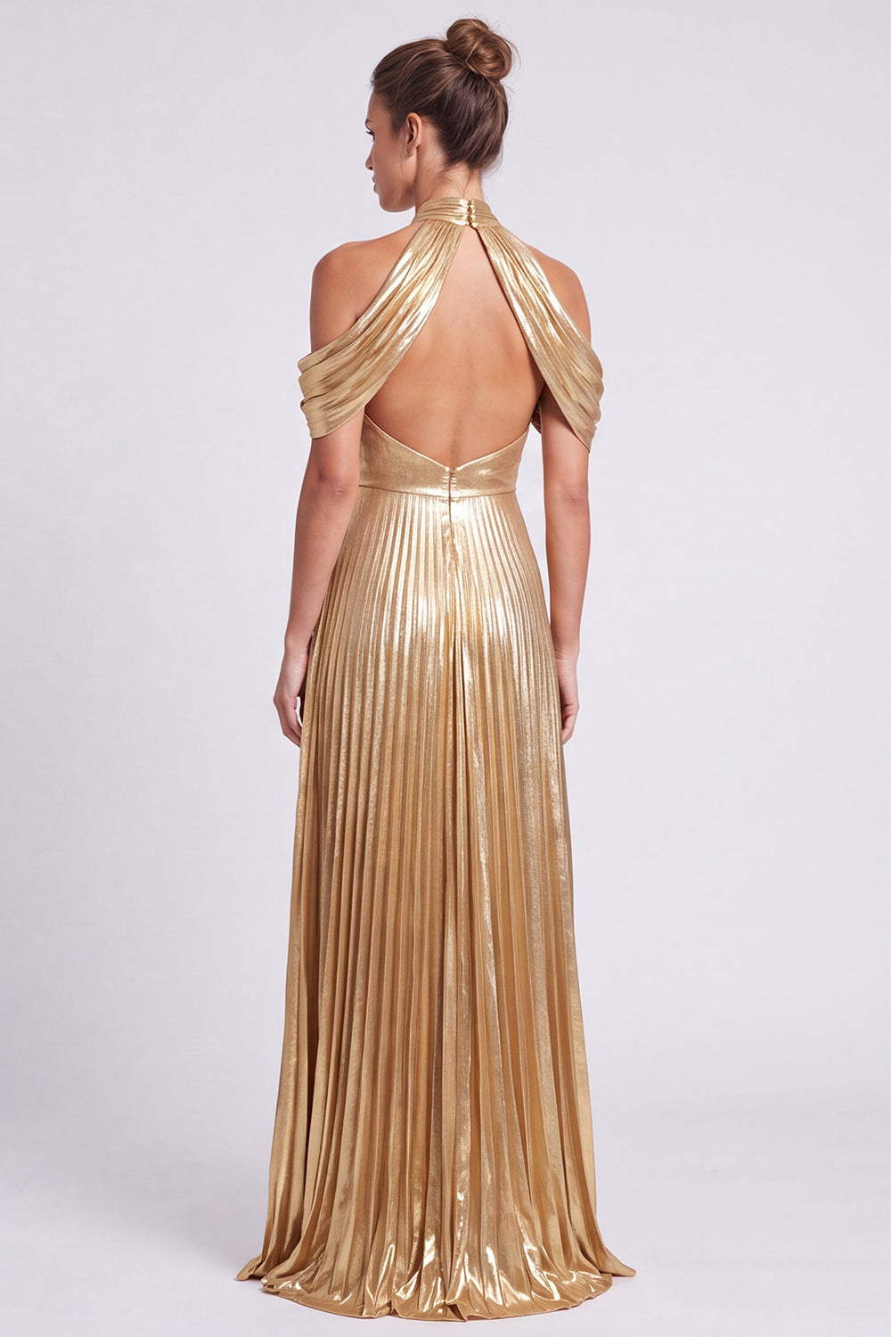 Gold Pleated Halter Metallic A Line Long Formal Dress with Slit