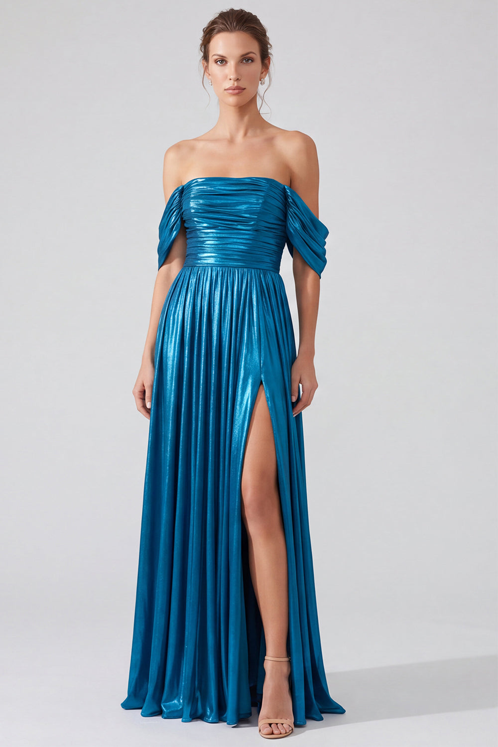 Blue Pleated Long Formal Dress with Slit A Line Metallic Off The Shoulder Evening Dress
