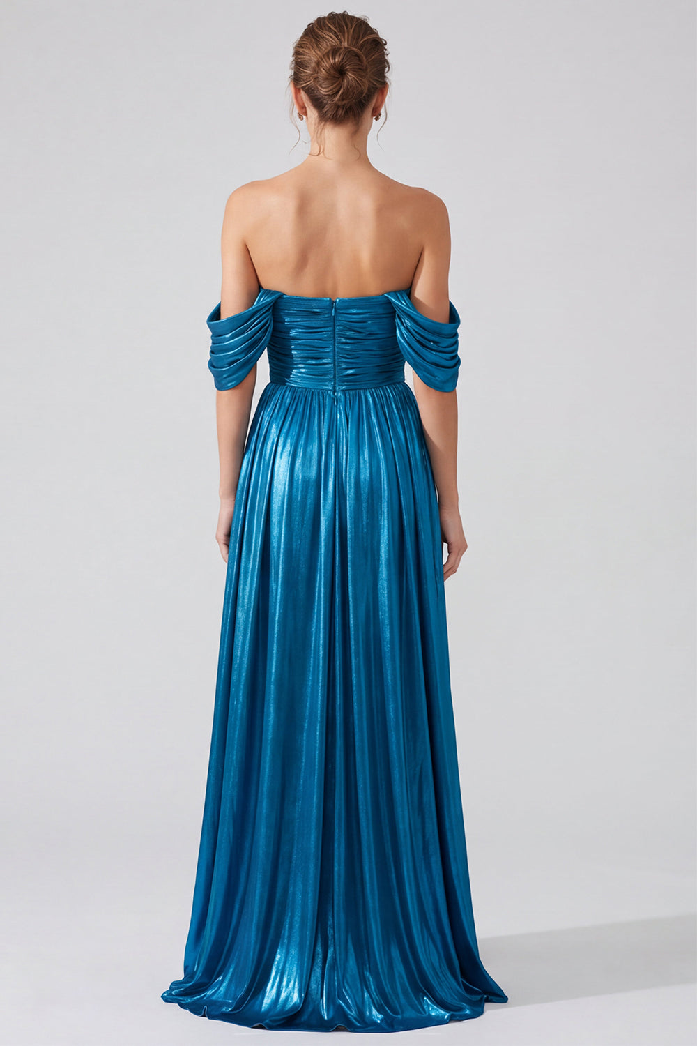 Blue Pleated Metallic A Line Long Formal Dress with Slit