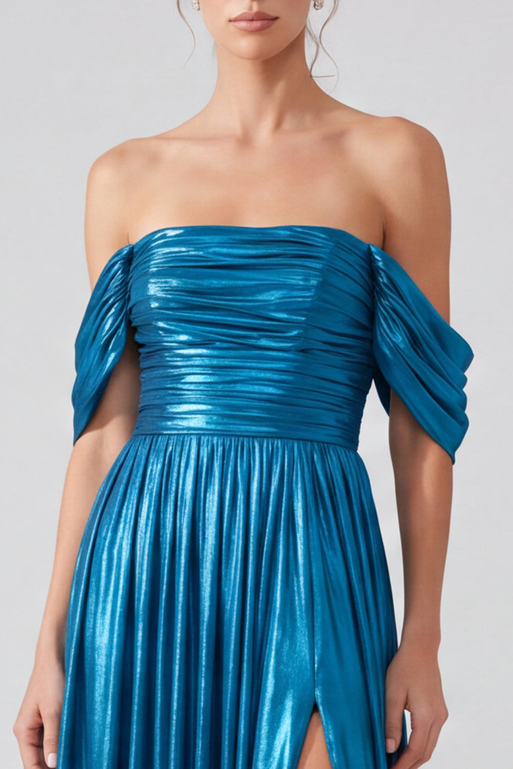 Blue Pleated Metallic A Line Long Formal Dress with Slit