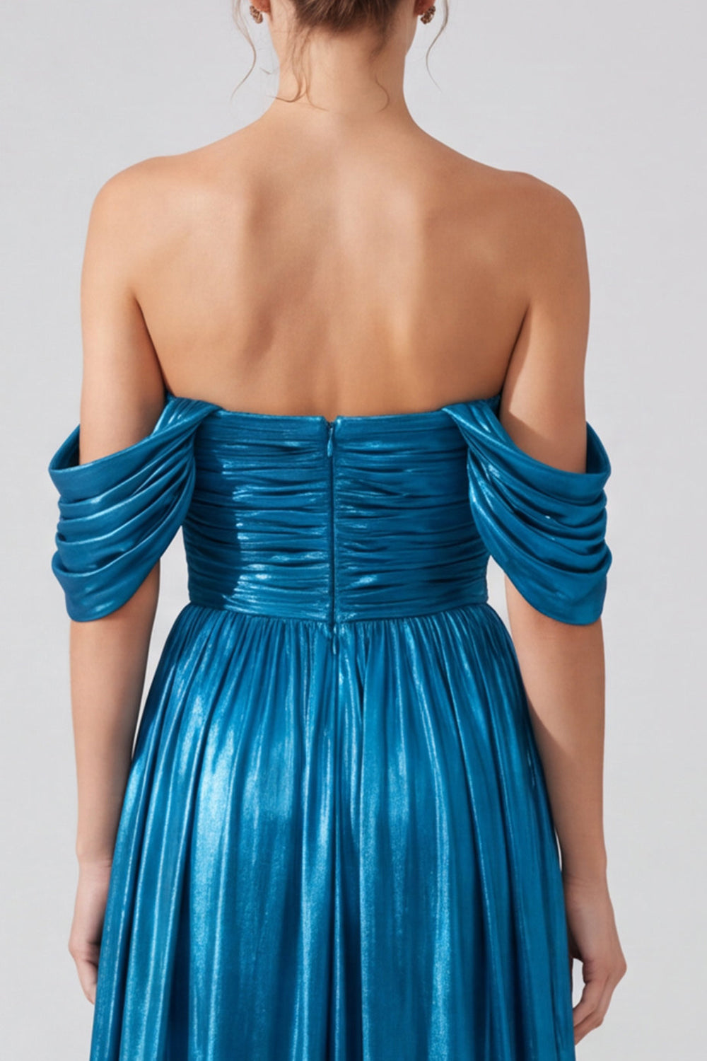 Blue Pleated Metallic A Line Long Formal Dress with Slit
