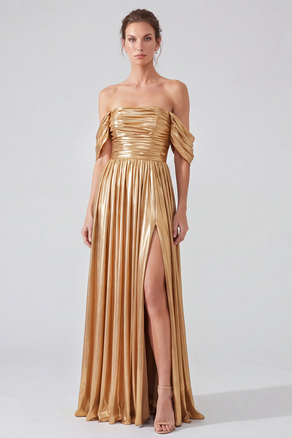 Blue Pleated Metallic A Line Long Formal Dress with Slit