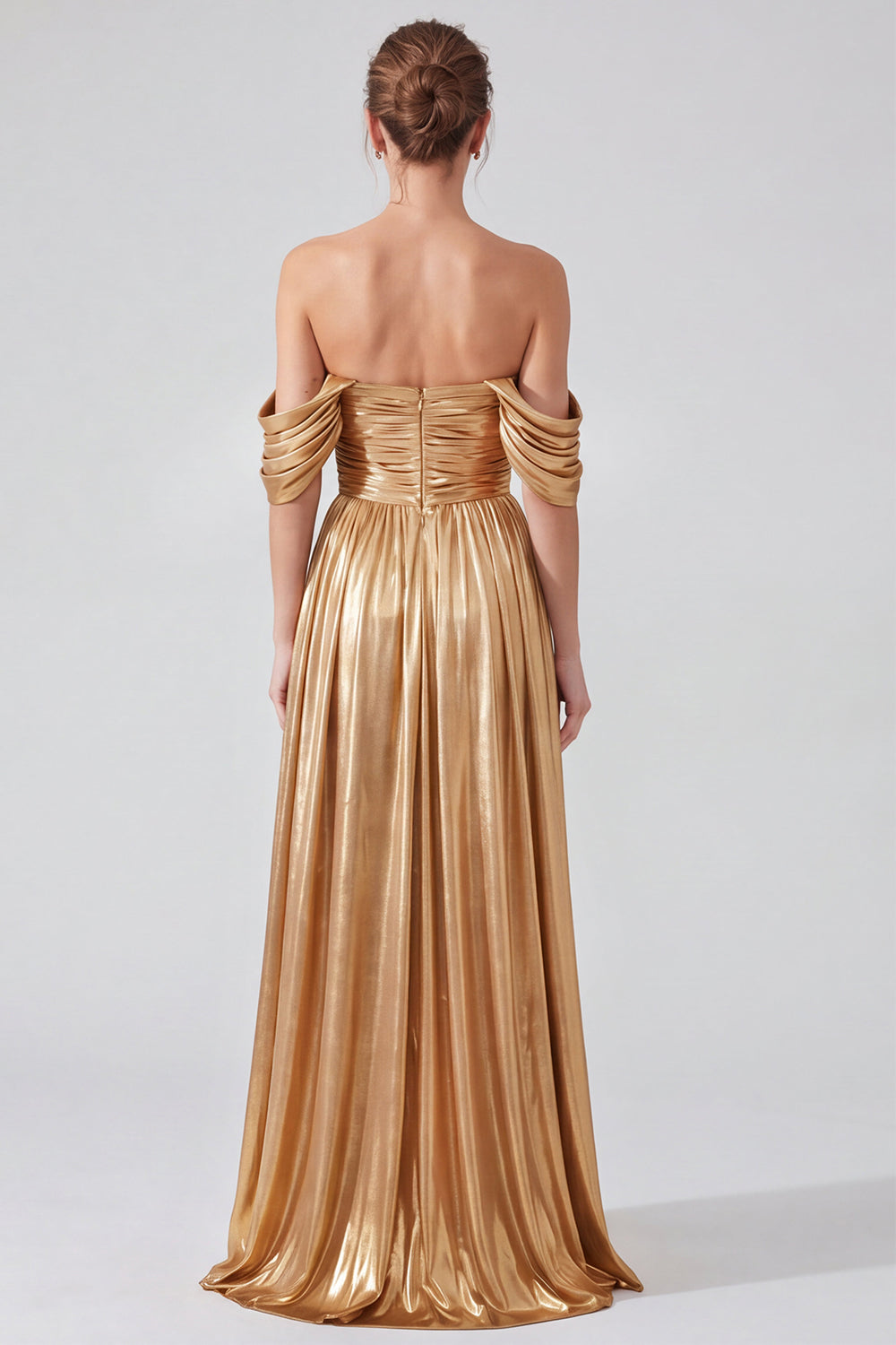 Blue Pleated Metallic A Line Long Formal Dress with Slit